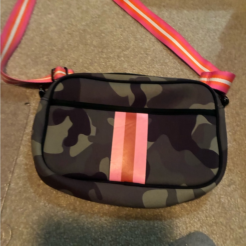 Camouflage Crossbody Bag with Pink Stripe